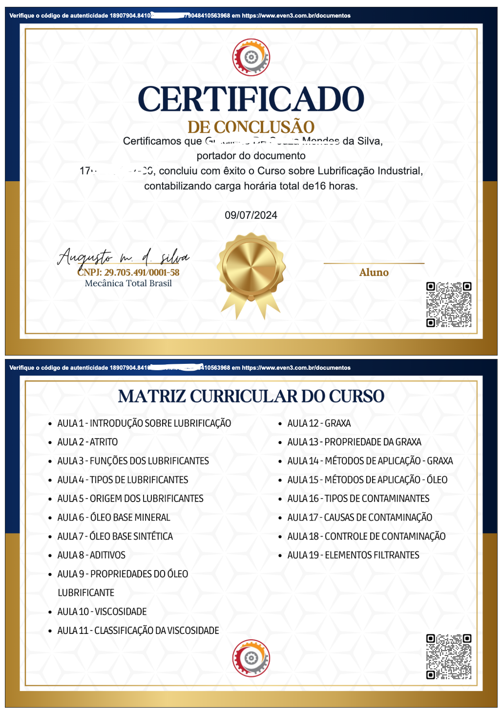 Certificado de conclusão da Mecânica Total Brasil com QR Code e código de verificação